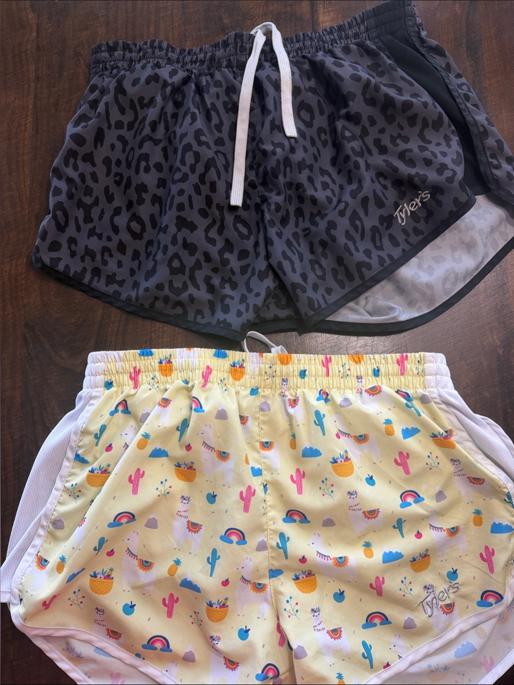 Tyler’s Gray Leopard & Yellow Llama Print Athletic Shorts (Pair)